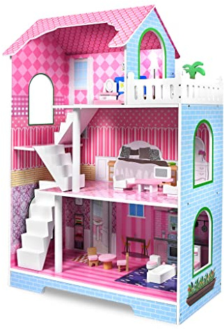 FIVMEN Puppenhaus Holz Dollhouse 3 Etagen Puppenhäuser mit Möbeln und diversen Zubehör für Große Puppen Spielzeug für ab 3 Jahre mädchen, 70x30x100cm