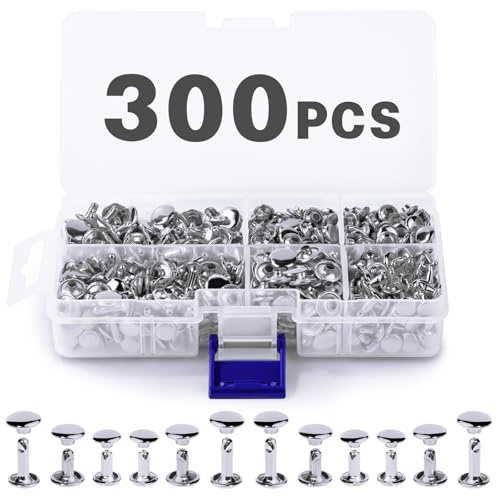 300 Sets Rivets,3 Sizes Double Round Cap Leather Rivets,Tubular Metal Studs for Leather Craft Repairs Decoration(Sliver)