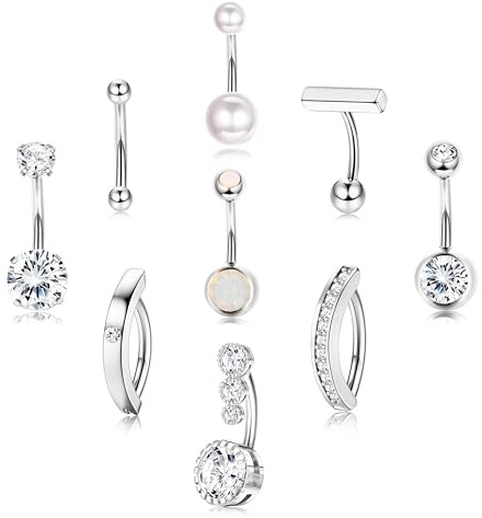 Morfetto 9 Pièces Piercings Nombril en Acier Chirurgical 316L - Couleurs Argenté & Or,Piercing Nombril Hypoallergénique Anneau 14G,CZ Perle Clicker Percing au Nombril Bijoux pour Femmes 10/12mm