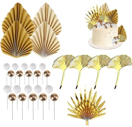 29 Pezzi Decorazioni per torte dorate,Palline cake topper e foglie decorazione set,per baby shower cake topper decorazioni torte di compleanno per Varie Feste Matrimoni