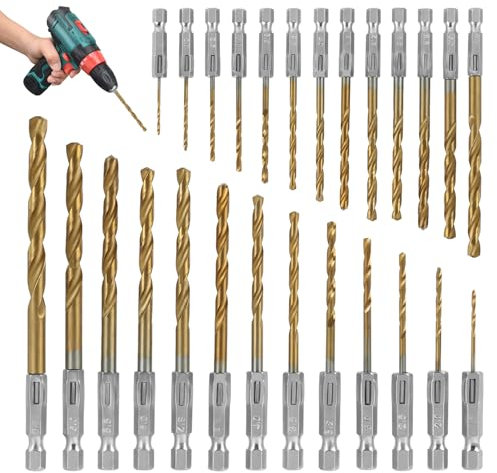 Juego de 26 Brocas de Titanio con Vástago Hexagonal, Brocas de Acero de Alta Velocidad de 1,5-6,5 mm, Revestimiento de Titanio, Ideal para Taladro Manual y de Impacto, para Metal, Madera y Plástico