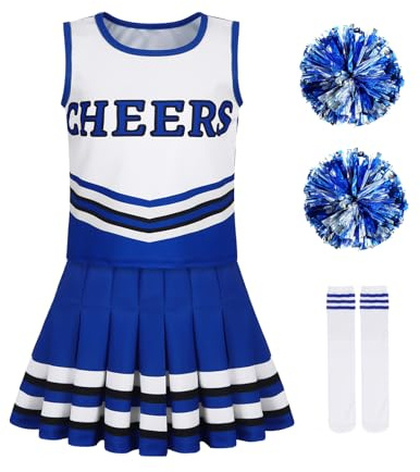 Berich Girls Cheerleading Costume Set with Pompoms Socks Kids Dressing up Costumes Cheerleader Uniform Outfit Halloween Fancy Dress Cheerleader Outfit Blue 8-9 Years,140