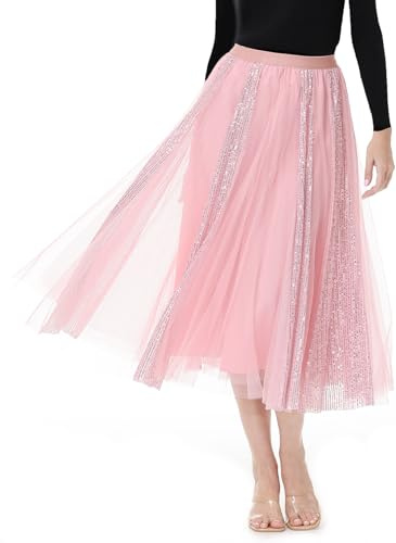 GroYolan Womens Long Sequin Tulle Skirt Tutu Sparkle A-Line High Waisted Elegant Midi Skirt Casual Prom Party One Size Pink