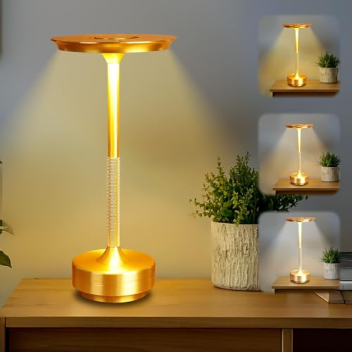 Calenxy Tischlampe Kabellos LED Tischleuchte Akku, Nachttischlampe Touch Dimmbar Lampe mit USB Aufladbar Batterie Tischlampen Gold für Modern Esszimmer Fensterbank Schlafzimmer Büro