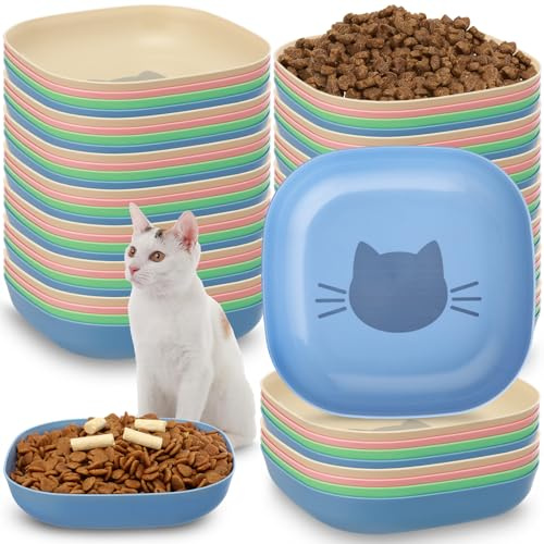 Tioncy 24 Pcs Fatigue Relief Cat Bowl 5.7 Inch Shallow Cat Food Dish Wide and Small Pet Wet Feeding Bowl for Kitten Short Legged Kitten Ferrets Feral Small Animals (Blue, Green, Pink, Beige,Cute)