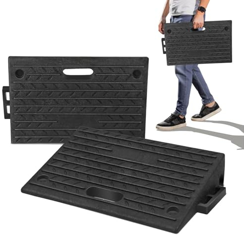 Fiqops 2 stycken trottoarramp gummi 10 cm hög bärbar rullstolsramp 50 x 32 x 10 cm ramp för trottoarstenar, rullstol, djup biluppkörningsramp dörrtröskelramp med handtag