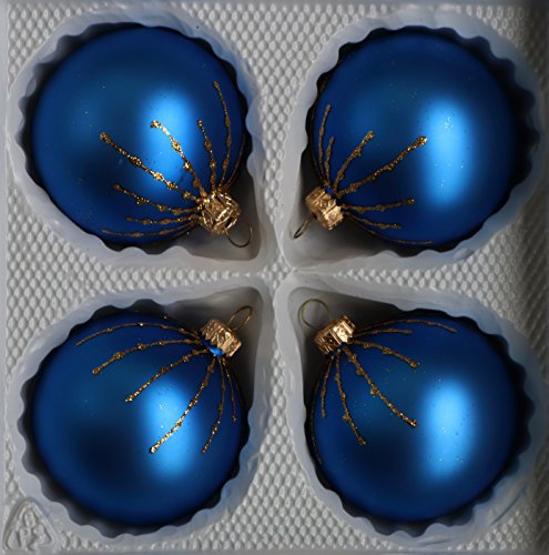Matte Blaue Weihnachtskugeln mit goldenen Glitzerapplikationen aus Glas – Durchmesser 7 cm 4er Set