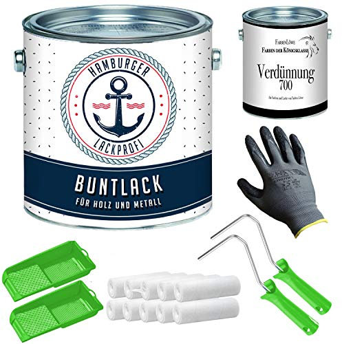 Barniz de color brillante para madera y metal, color blanco RAL 1013, pintura metálica, pintura para madera, con set de barnizado (X300) y dilución // Barniz profesional de Hamburgo (5 L)