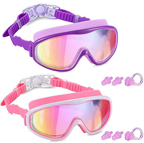 Yizerel 2 Pack Kids Swim Goggles, Swimming Glasses with Electroplating for Children and Early Teens from 3 to 15 Years Old, Wide Vision, Anti-Fog, Waterproof, UV Protection (Set of 2)