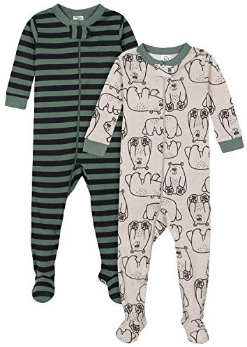 Gerber Baby Boys 2-Pack Footed Pajamas, Bear Green Stripes White, 3T