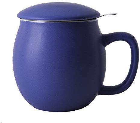 Yundu Tasse à thé en céramique violet foncé mat de 355 ml avec infuseur et couvercle, tasse avec couvercle pour infuser – Infuseur en acier inoxydable pour thé en vrac, cadeau pour la maison et le