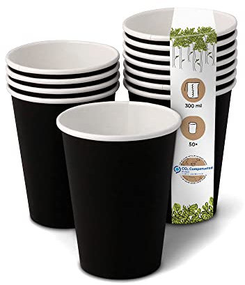 GREENBOX Vasos de papel orgánicos, vasos desechables, vasos de papel, vasos compostables y biodegradables, vasos de café negros, sin imprimir, ecológicos, 50 unidades, 300 ml