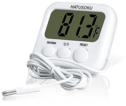 HATUSOKU Digital Thermometer with External Sensor, Magnet, Suction Cup, Water Thermometer, Aquarium, Refrigerator, Freezer (White)