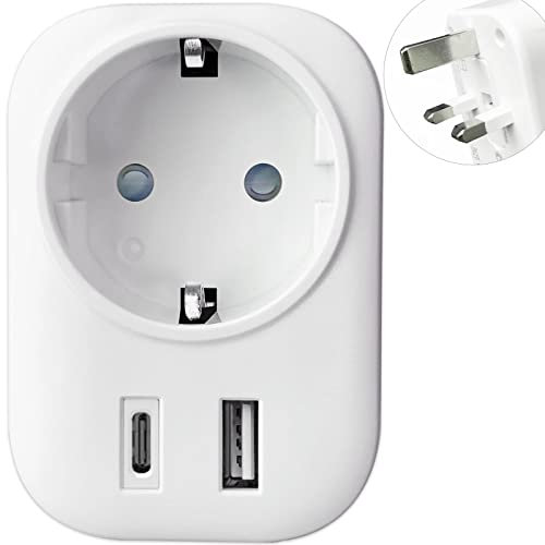 Reiseadapter UK Adapter England Deutschland Stecker Schuko auf Typ G Steckdosenadapter Reisestecker Steckdose Netzteil mit 2 USB 2.4A für Großbritannien England Irland Schottland Malediven Weiß