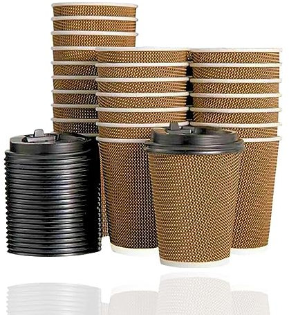 AmazCups Ripple Coffee Paper Cups -12oz Disposable Coffee Cups with lids, 25 Pcs Heavy Duty Kraft 3 Ply Insulated Coffee Cup for Hot & Cold Drinks,Takeaway Coffee Cups for Home,Office,Travel,Parties