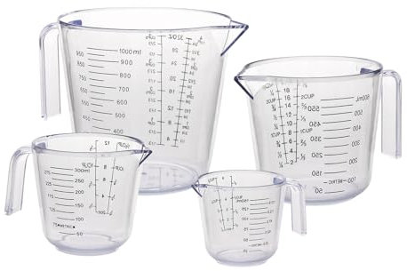 Gucass Set di 4 Misurini in Plastica, 150/300/600/1000ML Graduati Con Manico, Bilancia di Precisione, Caraffa per Cucina Laboratorio Panetteria, BPA Free, Trasparente