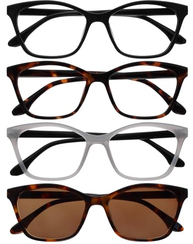 OPULIZE KAT Set di 4 Occhiali da Lettura e da Sole - Montatura a Occhi di Gatto - Nero/Marrone/Grigio/Marrone - Uomo e Donna - RRRS59-1272 - +3.50