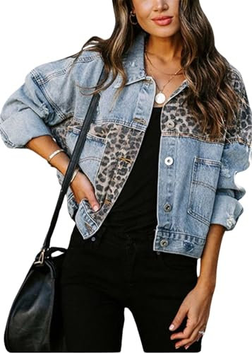 SWOAMER Damen Vintage Jeansjacke Leopard Denim Jacke Western Fall Übergangsjacke mit Tasche Button Down Streetwear Freizeitjacke Blau L