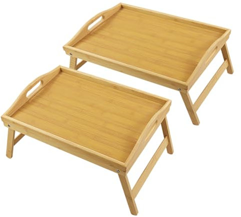 WKWKER Bamboo Bed Tray Table with Folding Legs Set of 2 Foldable Breakfast Tray Portable Serving Table Laptop Snack Drawing Breakfast Trays for Bed (Set of 2)