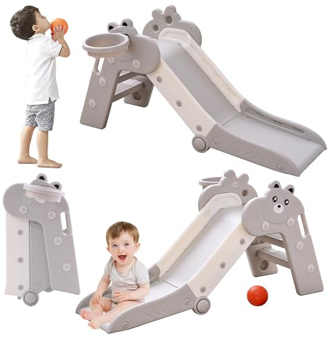 GITAWUSA Toddler Foldable Slide for Toddlers Kids Indoor Baby Plastic Play Slide with Basketball Hoop and Ball