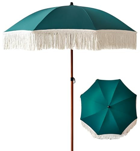 HAOKKV 180cm Parasol D'extérieur Rond, Parasol De Jardin À Frange Rétro Avec 8 Baleines, Protection UV, Sans Base