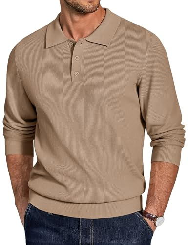 COOFANDY Polo Hombre Manga Larga Jersey Cuello Polo con Botones Suéter de Punto Negocios Informal Jersey de Invierno Básico Pullover Casual Regular Fit Sweater Caqui XL