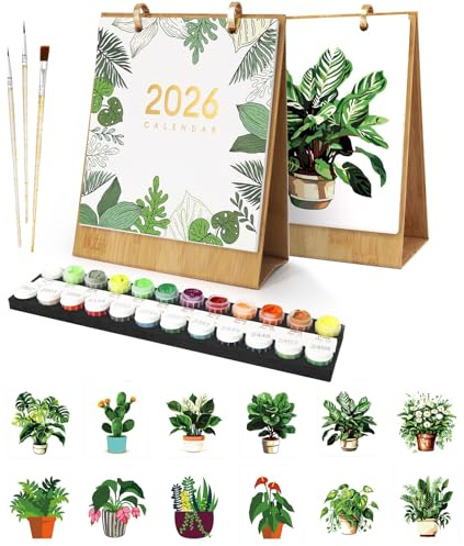 Calendrier de table 2026, Calendrier de Peinture par Numéros Fleur, Calendrier de Table DIY 2026 à Poser, avec Pinceaux, Peinture Acrylique et Base pour Cadeaux et Décoration de la Maison - 02-Plantes
