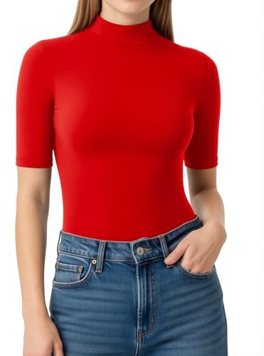 ALGALAROUND Women's T-Shirts 1/2 Sleeve Tops Turtle Neck Tight Elbow Length Sleeve Shirt Fitted T Shirt Ladies Short Sleeve Top Going Out Basic Shirt for Women Party Summer Casual Tee Red L