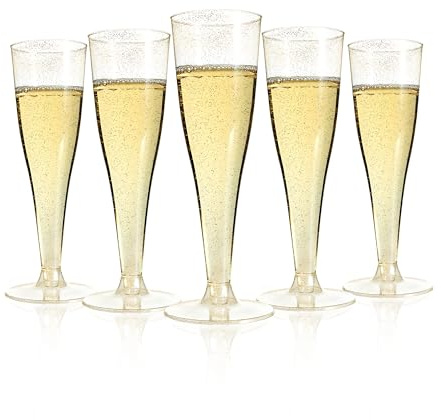 Goodluck 25 Pack Gold Glitter Plastic Champagne Flutes,130ml/4.5oz Reusable Plastic Prosecco Glasses, Champagne Glasses for Weddings, Birthdays, Christmas, BBQ, Garden Parties