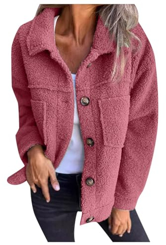 YOSUWOAI Chaqueta de forro polar para mujer, jersey de forro polar, chaqueta gruesa de peluche, solapa, abrigo de invierno, esponjosa, cálida, chaqueta de felpa para mujer, con botones, chaqueta de