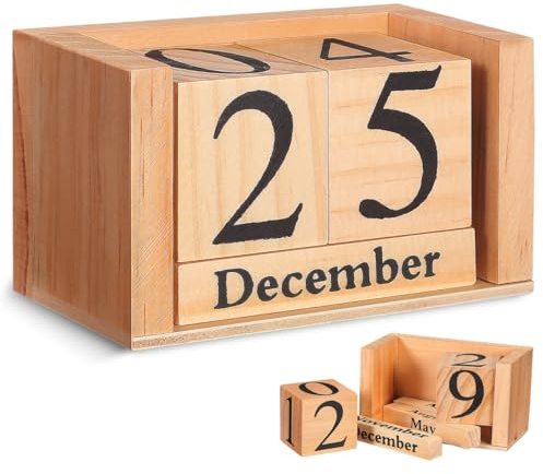 Zerodeko Calendario Perpetuo Decorativo de Madera Natural Calendario de Escritorio Pequeño Bloques Giratorios para Día y Mes Diseño Europeo Minimalista para Oficina y Hogar