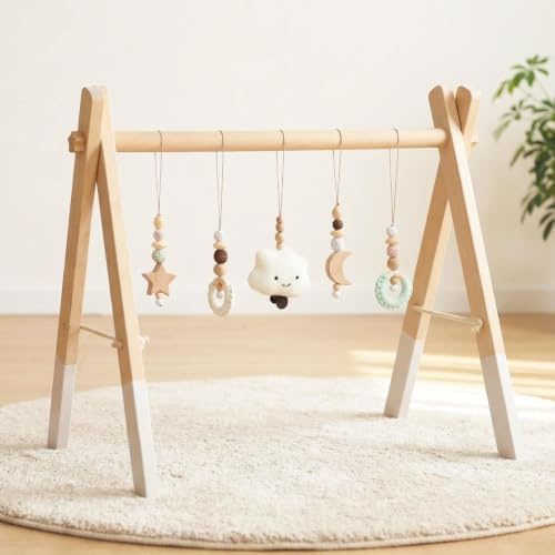 let's make Gimnasio de Madera Montessori para Bebé con 5 Juguetes Sensoriales Extraíbles, Arco de Actividades Plegable, Regalo para Recién Nacidos, Bebés de 0-18 Meses (Modelo B)
