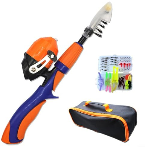 Glewi Kit per canna da pesca con mosca, set da viaggio retrattile, con mulinello e borsa per riporre esche per i genitori, sport e attività all'aperto (arancione)