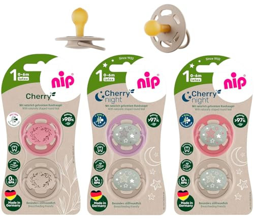NIP Cherry & Cherry Night Schnuller Set 6 Stück (2 x Day Bordeaux-Lila + 4 x Night Girl mix) // Gr.1 // Naturlatex, 6 Farben