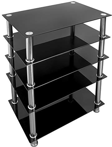 Mount-It! Tempered Glass AV Component Media Stand, Audio Tower and Media Center with 5 Shelves, 220 Lbs Total Capacity, Black Shelves Chrome Legs (MI-8671)
