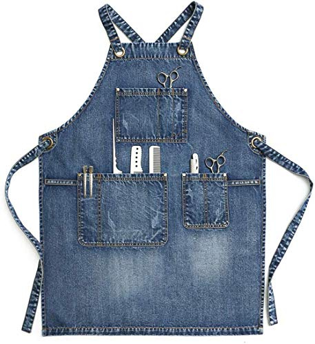 CPTDCL Unisex Jean förkläde, blått denimförkläde för hårstylister, hantverkare, barista, grillning, med praktiska fickor för män och kvinnor
