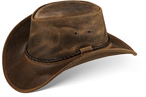 Black Forest Fox® Jero Western Cowboy Reiten Leder Sonnen Hut in (XL Vintage-Braun)