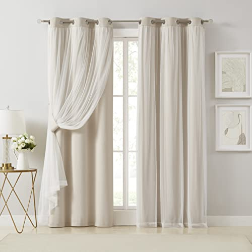 Bujasso Beige 90% Blackout Curtains with Sheer Overlay Mix and Match Double Layer Thermal Insulated Window Panels 84 inch for Living Room Bedroom Beige Drapes with Tiebacks Grommet Top 37 Wx84 Lx2