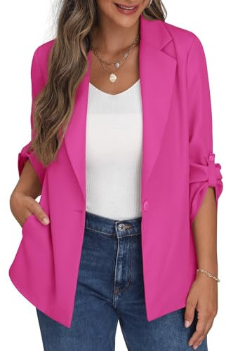 PrinStory Blazer Für Damen Verstellbare Ärmel Longblazer Geschäft Büro Blazer Anzug Sportlich Jack Trenchcoat (Heißes Rosa, EU 46)