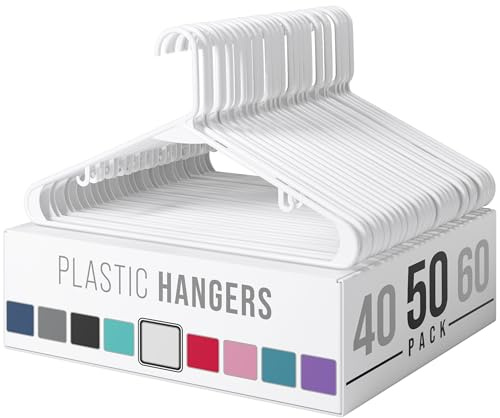 Plastic Hangers 50 Pack White - Clothes Hangers - Makes The Perfect Coat Hanger and General Space Saving Hangers for Closet and New Apartment Essentials - Percheros Ganchos para Colgar Ropa Hangars