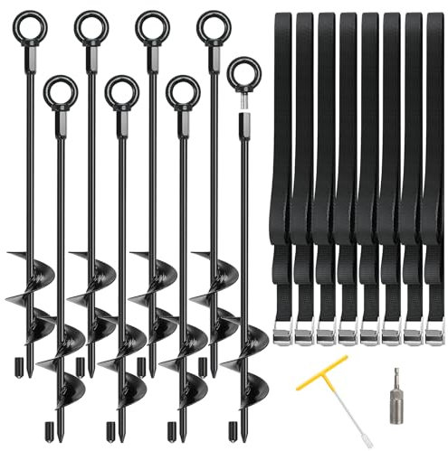 Juego de 8 estacas para trampolín, anclajes de suelo de alto viento, 17.7 pulgadas, 8 unidades con hebilla de leva ajustable, correas de amarre con mango en T, llave hexagonal para trampolín,