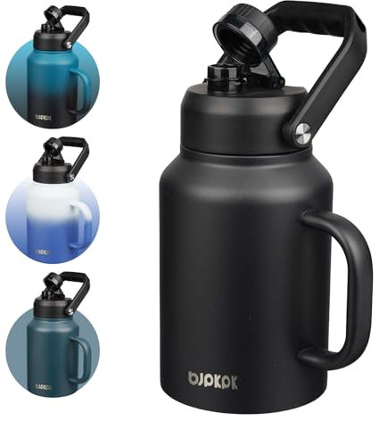 BJPKPK 64oz Insulated Water Bottle with Handle, Large Dishwasher Safe Half Gallon Water Bottle, BPA Free Water Jug, Wide Mouth Metal Water Bottle with Anti-slip Bottom, Keep Cold & Hot, Black