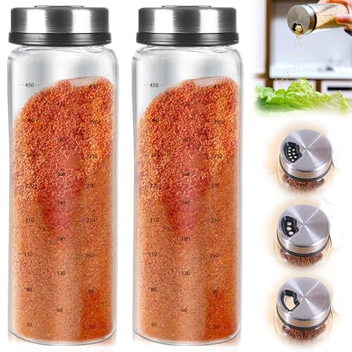 GOEDCH 2 Stück 500 ml Groß Borosilikatglas Gewürzstreuer: Gewürzgläser Mit Drehdeckel, 3 Arten on Gewürzlöchern, Gewürzbehälter Rund, Edelstahl Deckel Gewürzdosen für Küche, Grillen im Freien