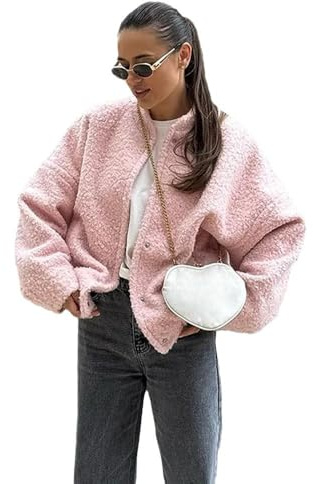 Y2K Cutecore Giacca in pile oversize Harajuku colletto alla coreana cardigan peloso Cottagecore estetica manica lunga top, Rosa, Small
