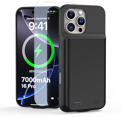 YONHUIZI Akkuhülle für iPhone 16 Pro (6,3), 7000mAh Wiederaufladbar Batterie Ladehülle Akku mit Panzer Schutz Glas, Powerbank Hülle Zusatzakku Akku Case Akku Ladehülle Handyhülle-Schwarz