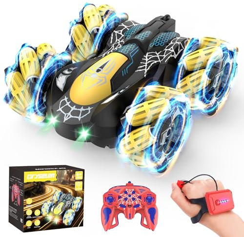 Qryselen Remote Control Car 2.4Ghz RC Cars with LED Lights Double Sided Off-Road 360°Rotating Roll RC Cars Rechargeable 4WD RC Stunt Car Indoor Outdoor Toys for Boys Girls 6-13 (Red) (Black)