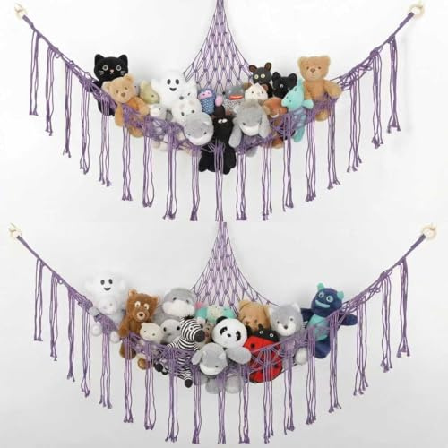 2-pack förvaringsnät för gosedjur, hörn för barnrum, hängande leksaksorganisatör, makramé-mjukisdjur-hängmatta för gosedjur/teddybjörnar (lila)