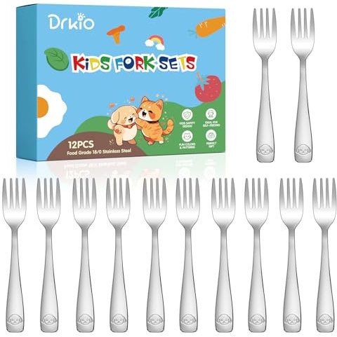 DRKIO Stainless Steel Toddler Forks Set - 12 Pieces Kids Forks Set Children Safe Food Grade Kids Silverware Small Forks Metal Toddler Utensils Dishwasher Safe Mirror Polished