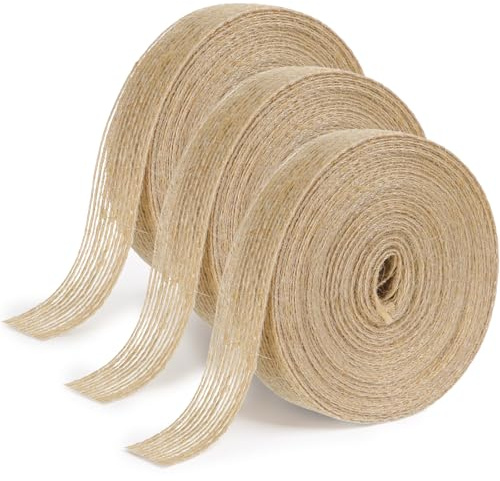 3 Rolls 10M Hessian Ribbon, 2CM Wide Natural Jute Fabric Ribbon Brown Burlap Ribbon Roll for Wreath Garland Christmas Tree Gift Wrapping DIY Craft