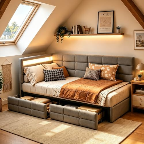 Schlafsofa Einzelbett 90 x 200 cm, L-förmig, platzsparend, Einzelbett Eckbett, gepolstert mit Stoff in Leinenoptik, grau, mit 2 Schubladen, RGB-LED, 16 Farben, 2 EU-Steckdosen, USB-A/USB-C, Lattenrost